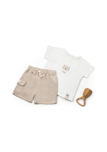 Bebek Kısa Kollu Tişört Ve Pantolon Takımı, %100 Pamuk, Bebek Ve Yenidoğan Serisi - Csym7104 Ekru