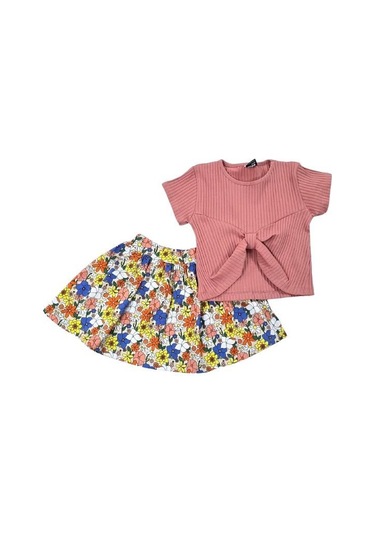 Çiçek Desenli Kız Çocuk Etekli Takım Somon