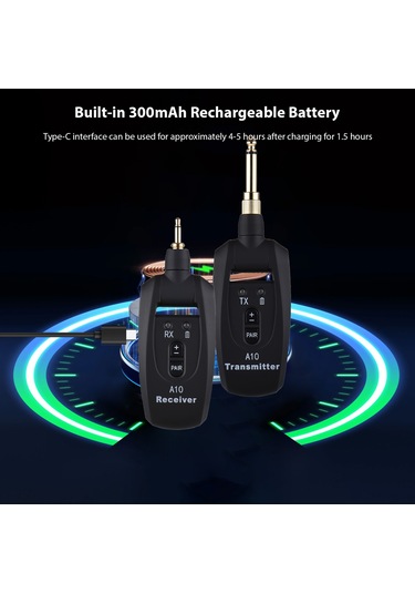 Yunboo Gitar Kablosuz Aktarım Sistemi 2.4ghz - 50m Mesafe, 15ms Gecikme, Şarj Edilebilir Pil, 4 Seviye Ses Ayarı, 3.5mm + 6.35mm Adaptörler