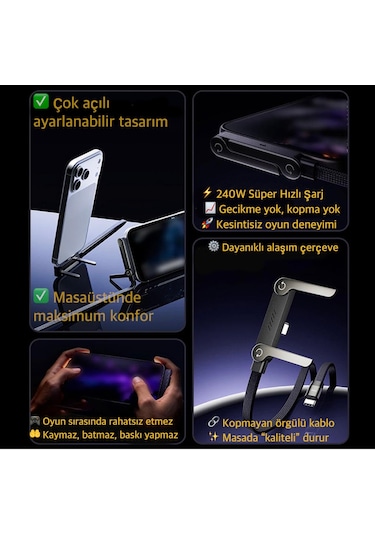 Basemo En Güçlü Type-C den Type-C 240Watt Güçle Super Hızlı 480Mps Veri Aktarımı Hem Stant Hem Extra Dayanıklı Şarj Kablosu Birarada E-Marker PD