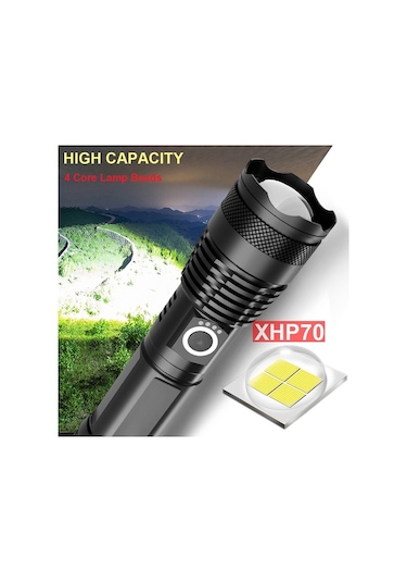 Tongxida Led Fener Xhp70 Usb Şarj Su Geçirmez Ultra Parlak Siyah Lamba Siyah
