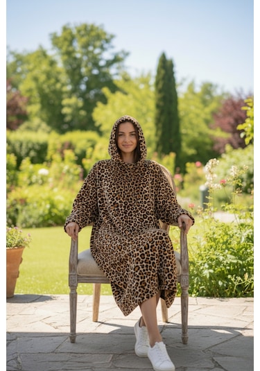 Serona Wellsoft Peluş Kapüşonlu Uzun Panço Yumuşak Dokulu Giyilebilir Tv Battaniyesi Leopar S/m Leopar