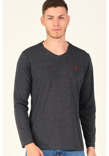 T8587 Dewberry V Yaka Erkek Uzun Kol T-shırt-antrasit Antrasit