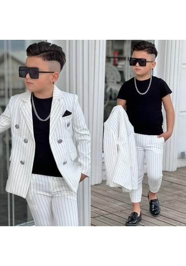 Modavals 4 Parça Çizgili Ceketli Erkek Çocuk Takım Elbise Beyaz