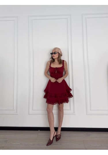 Tua Moda Mini Askılı Elbise - Bordo Bordo