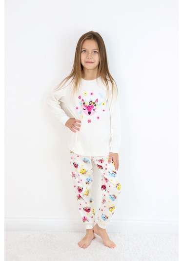 Kız Çocuk Orta Kalınlıkta Basic Baskılı Pijama Takımı Ekru