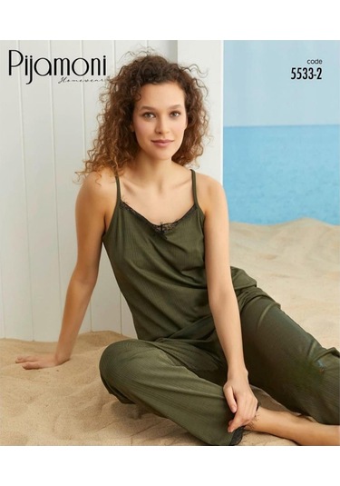 Pijamoni Kadın İp Askılı Kaşkorse Viskoz Likralı Pijama Takımı 5533-2 / 1 Adet Haki