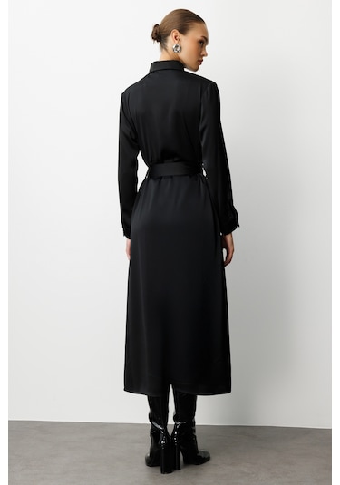 Mizalle Siyah Saten Maksi Gömlek Elbise Siyah