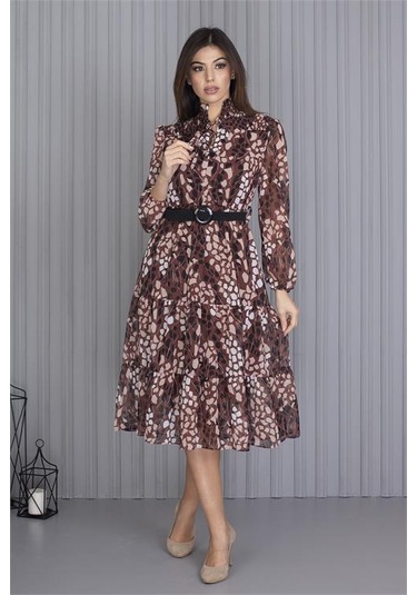 Neşeli Butik Kadın Kahverengi Kemerli Leopar Desenli Şifon Elbise Apcx04 Kahverengi