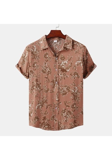 Snapbuy Erkek Yaz Çiçek Kısa Kollu Hawaii Gömlek Slim Fit Plaj Bluzpembe Pembe