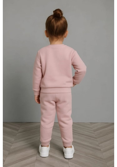 Papatya Nakışlı %100 Pamuk 2 Li Çocuk Eşofman Takımı Gül Kurusu