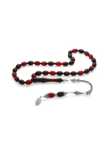 925 Ayar Gümüş Püsküllü Arpa Kesim Kırmızı-Siyah Ateş Kehribar Te