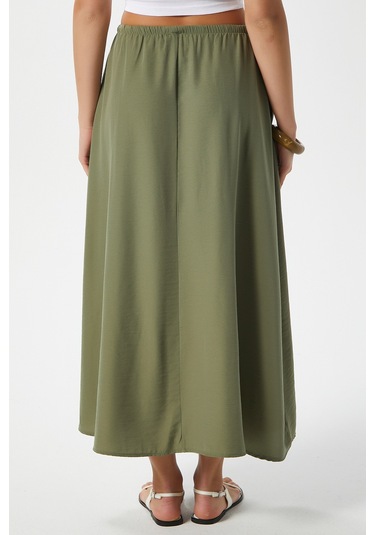 Kadın Trend Modal Serin Kumaş Haki Bel Lastikli Cepli Rahat Kalıp Uzun Etek