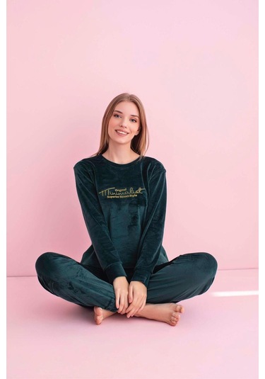 Pijamerry Kadın Kışlık Bisiklet Yaka Kadife Pijama Takımı 3025p - 1 Adet Petrol