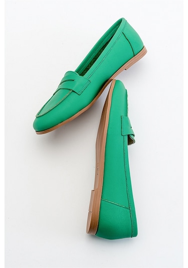 Luvishoes F02 Yeşil Cilt Kadın Babet Yeşil