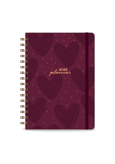 2026 A5 Spiralli Haftalık Ajanda 12 Aylık - Bordo Kalp Bordo Kalp