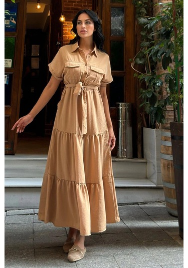 Camel Pliseli Cepli Maxi Kupra Elbise Taş