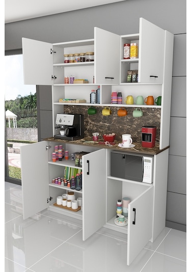 %100 Mdflam Kahve Köşesi Çok Amaçlı Mutfak Dolabı Kahve03 Beyaz - Siyah Taş Beyaz - Siyah Taş