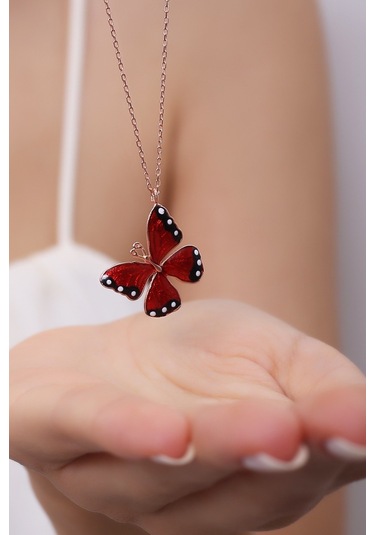 Gümüş Kırmızı Mineli Kelebek Kolye Wsn269