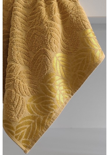 2'li Jakarlı Yaprak Desenli %100 Pamuk El Yüz Havlusu-50x90cm Hardal Hardal