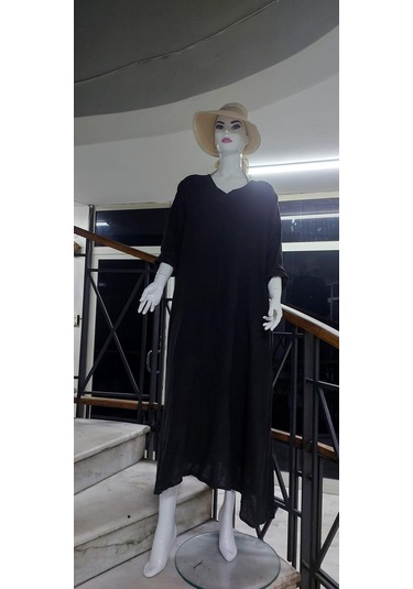 İtalyan V Yaka Uzun Kol Keten Elbise-8907 Antrasit