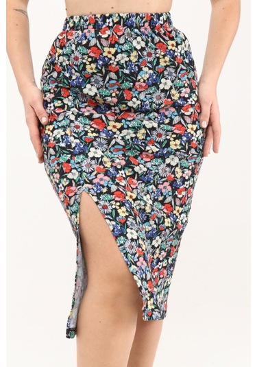 Çiçek Desenli Yırtmaçlı Kalem Etek