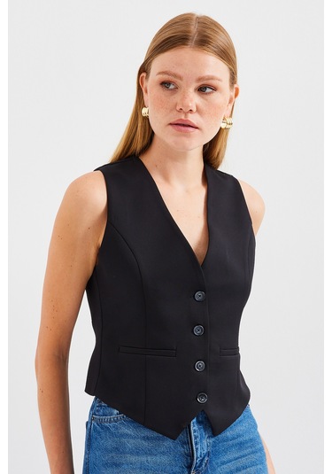 6796 Kısa Dokuma Yelek - Siyah