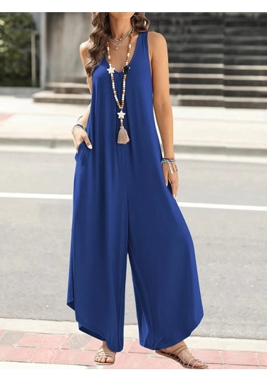 Soonaksesuar Kadın Askılı Yuvarlak Yaka Cepli Salaş Uzun Viskon Tulum Mavi