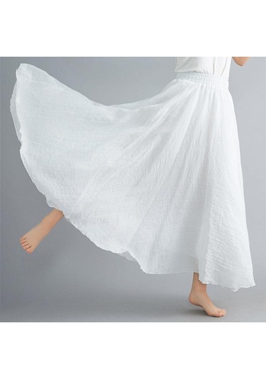 Yaz Sonbahar Kadın Etek Edebi Büyük Boy Pamuk Keten Yarım Etek Elastik Bel Keten A-line Etek Uzun Bölüm Saf Renk Rüzgar Salıncak Etek Beyaz