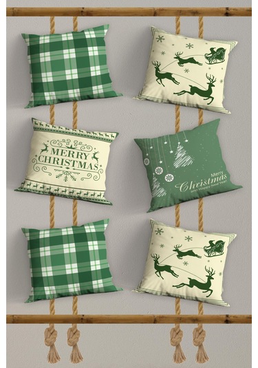 Belle Benoit Yılbaşı Baskılı Dekoratif 6'lı Koltuk Kırlent Kılıfı Yeşil - Beyaz