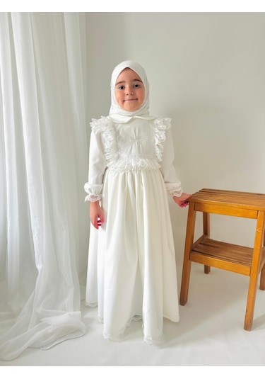 Kız Çocuk Tesettür Elbisesi Merasim Elbisesi,başörtülü Takım 3-12 Yaş Uygun Beyaz