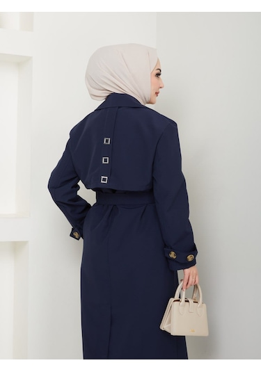 Amazon Keten Kumaş Uzun Boy Düğmeli Astarlı Yumuşak Dokulu Trenç Kot Lacivert Lacivert