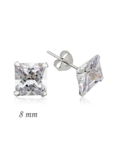 Gumush Gümüş Kare Tek Taş Zirkon Küpe - 8 Mm