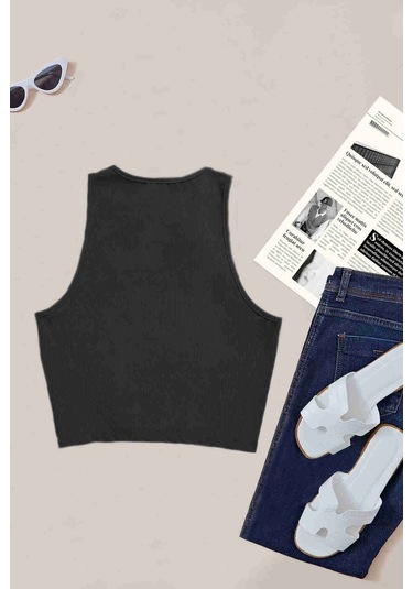 Merry See Tek Renk 1 Adet Kadın Kolsuz Örme Kumaş Bluz Crop Siyah 001