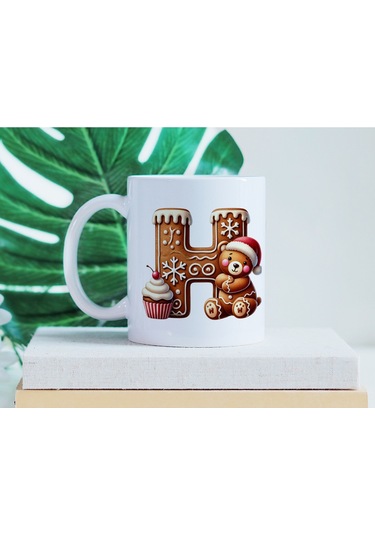 H Kurabiye Harf Ve Ayıcık Detaylı Kupa Bardak - Yeni Yıl / Yılbaşı Temalı Tasarım - Noel Hediye Beyaz