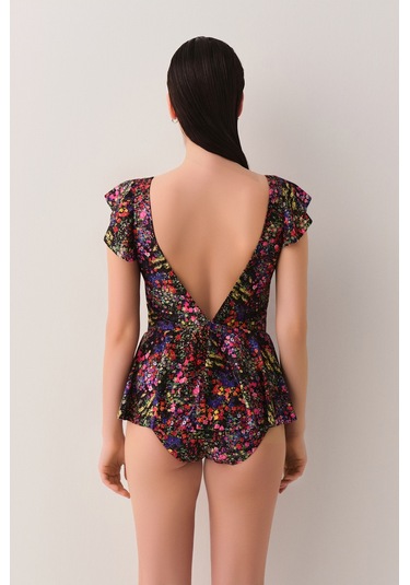 Suwen Garden Etekli Mayo Sb2519511061106 Siyah Çiçek Desenli