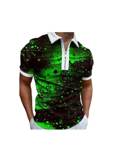 Yeşil Rahat Yaka T-shirt Genç Erkek Moda Fermuar Kısa Kollu Tişört Erkek 3d Yeşil Işınları Baskı T Gömlek Yeşil