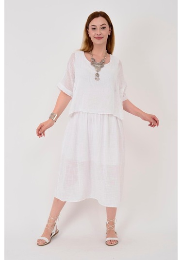 İtalyan Müslin Keteni Üstü File Bluzlu Astarlı Tek Parça Elbise-9256 Beyaz