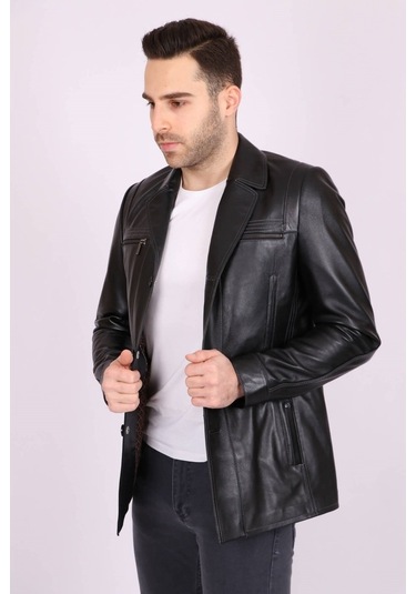 Erkek Siyah Hakiki Deri Yakalı Düğmeli Klasik Casual Mont