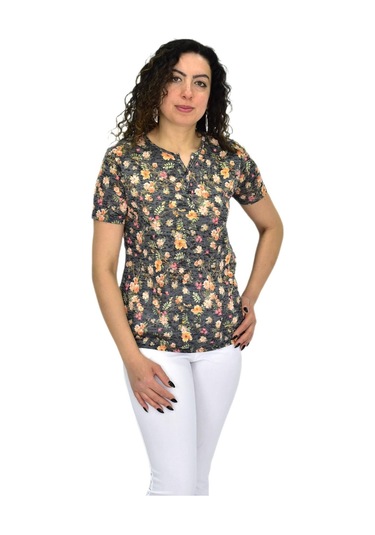 Kadın Kısa Kol Baskılı Bluz Bgl-st04698 Füme