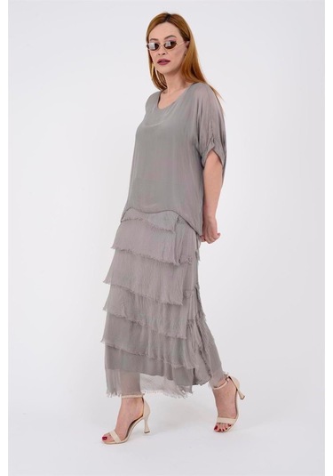 İtalyan 2 Beden İnce Gösteren Yarım Kol Kat Kat Ipek Elbise Vizon