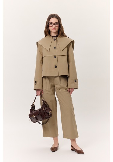 Geniş Yaka Gabardin Ceket Kum Kum