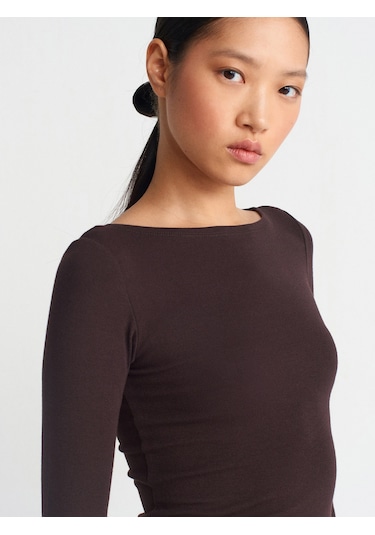 Dilvin 31332 Kayık Yaka Uzun Kollu Top Koyu Kahve