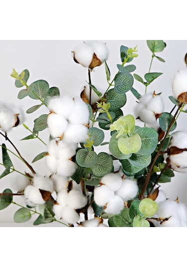 4 Adet Okaliptuslu Doğal Pamuk Çiçeği Dalı 5Li Kuru Çiçek Yapay Ç