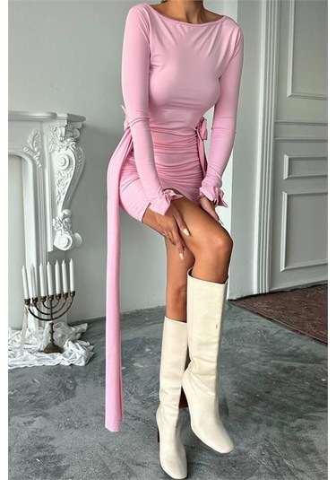 Neşeli Butik Kadın Yan Kurdele Detaylı Mini Elbise Nbdf167 Pembe