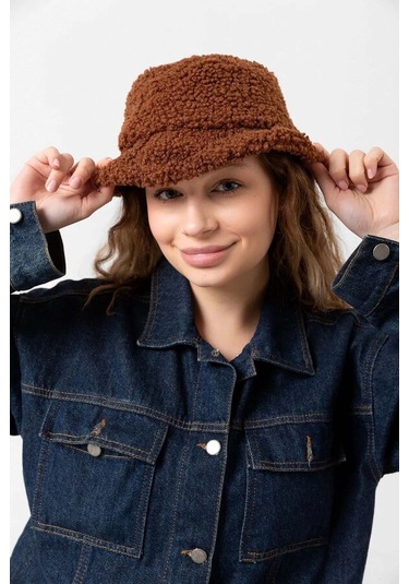 Kadın Kıvırcık Peluş Bucket Şapka Rkş-10 Kahverengi Kahverengi