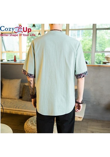 Rahat Up Çin Tarzı 1/2 Kollu Casual Gömlek Erkek İnce Stand Yaka Nakış Pamuk Ve Keten Gri Mavi Gri - Mavi