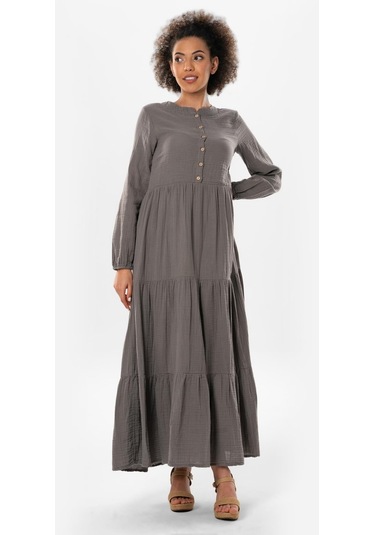 Uzun Kol Akay Uzun Düğme Detay Yazlık Müslin Elbise Gri Gri-gri Gri