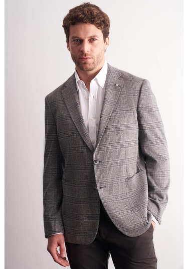 Siyah Mono Yaka Ekose Desen Pamuklu 6 Drop Comfort Fit Classic Ceket 1002255152 Siyah