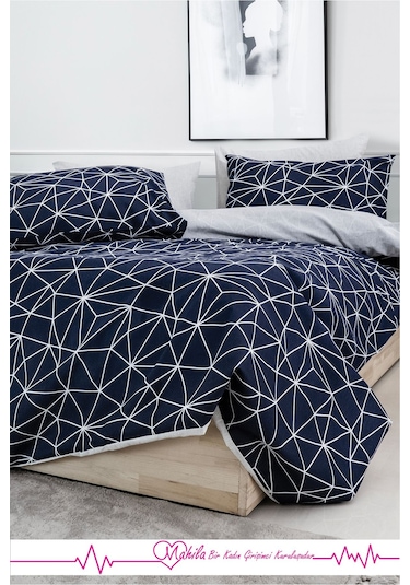 Battal Boy Lüks Pamuklu Nevresim Seti Lacivert Geometrik Desen Çok Renkli